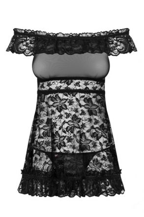 Черная ажурная мини-сорочка Flores с открытыми плечами размер LXL